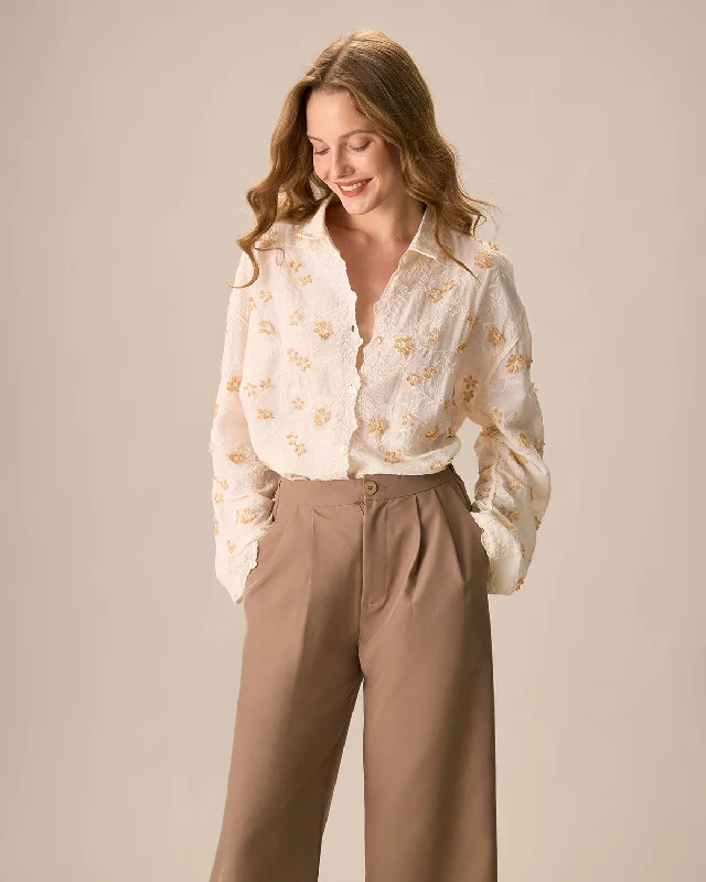 Women's Apricot Jacquard Cotton Long Sleeve Shirt | Apricot