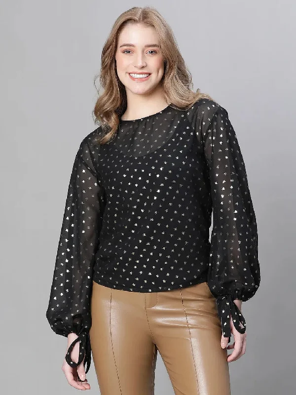 Women Black Dot Lurex Print Round Neck Long Sleeve Partywear Top-W23220WBL002