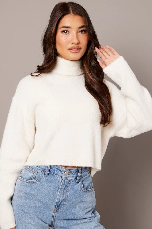 White Knit Top Long Sleeve High Neck Fluffy