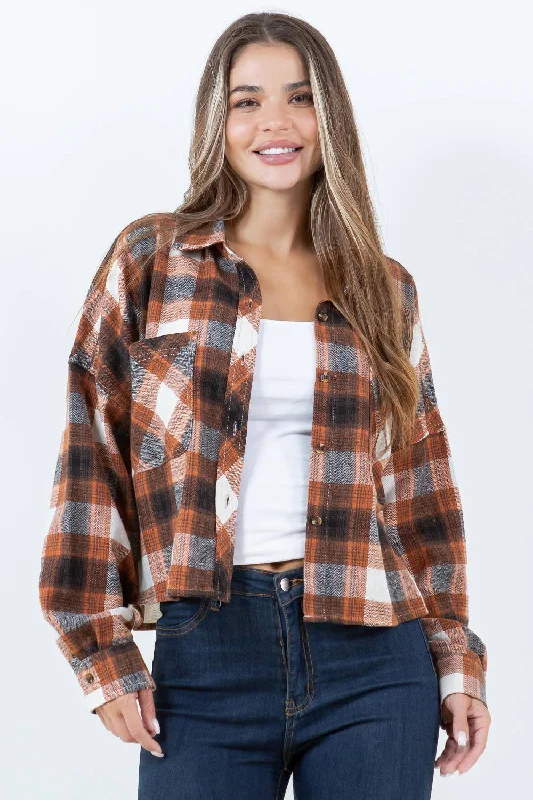 Cropped Boxy Long Sleeve Plaid Shirt