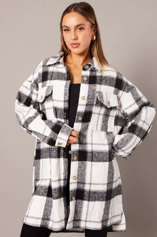 Black Check Long Shacket Long Sleeve