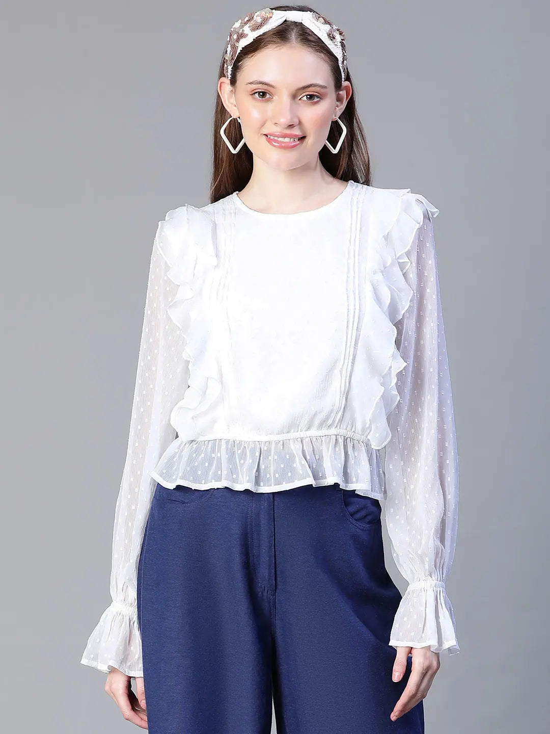 Women White Round Neck Long Sleeve Ruffle Top