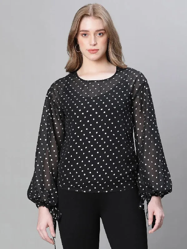 Women Black Dot Lurex Print Roudn Neck Long Sleeve Partywear Top-W23220WBL001