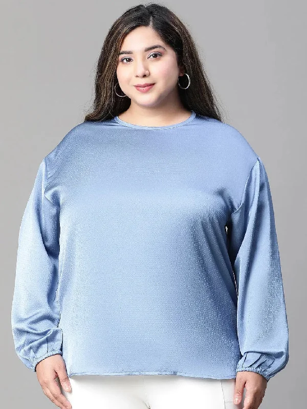 Women Plus Size Blue Round Neck Long Sleeve Top-W23121PBL001