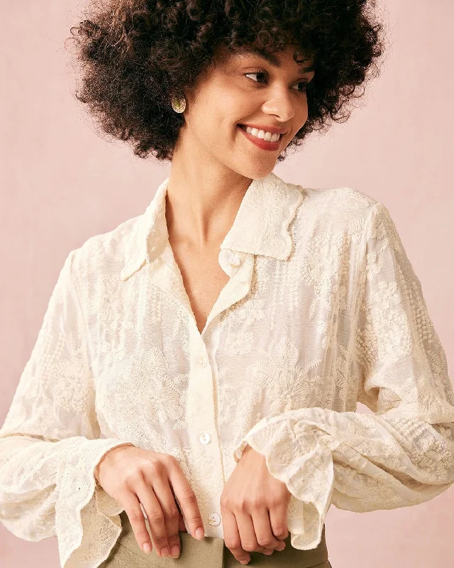 The Beige Lapel Embroidery Long Sleeve Blouse | Beige