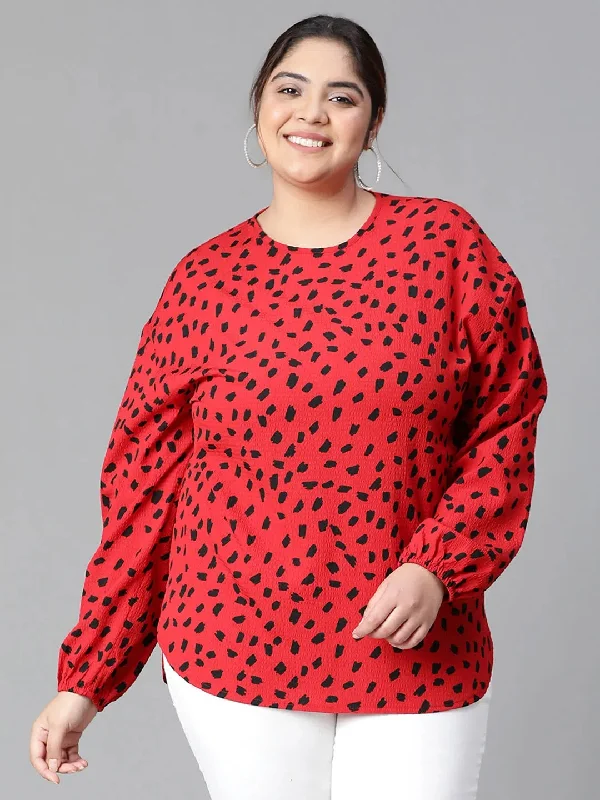 Women Plus Size Red Round Neck Long Sleeve Animal Print Top-W23121PBL003