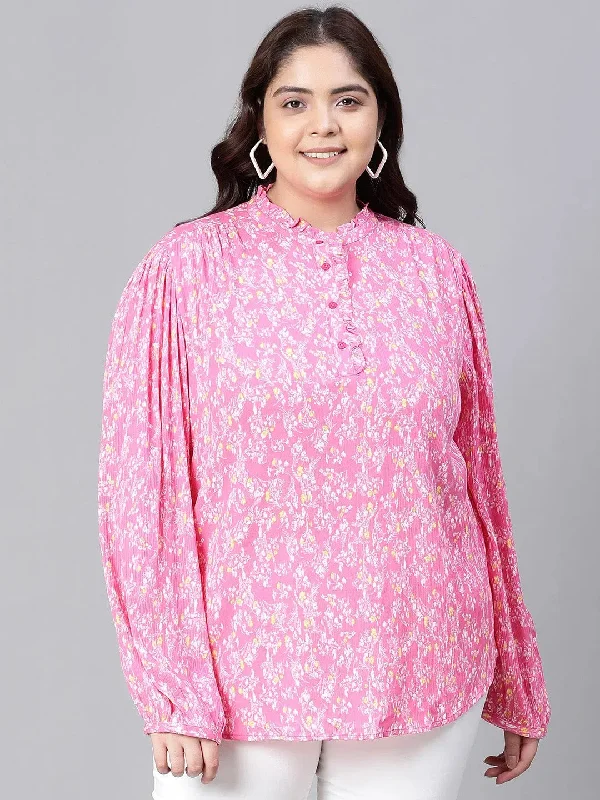 Women Plus Size Pink Floral Print Round Neck Long Sleeve Top-W23104PBL003