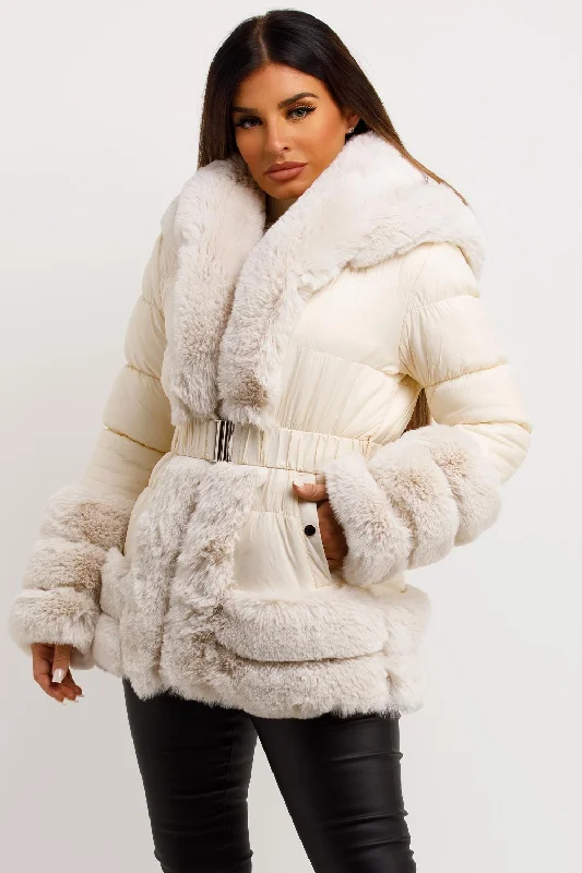 Hooded JacketsBeige Faux Fur Trim Puffer Hooded Down Jacket With Belt