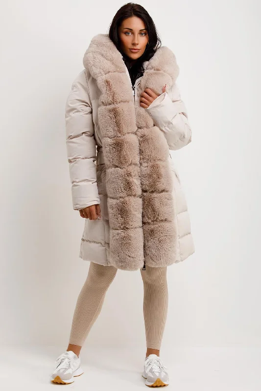 Cultural JacketsBeige Long Puffer Padded Coat With Faux Fur Hood And Trim