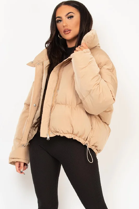 Rainproof JacketsBeige Puffer Jacket With Drawstring Hem