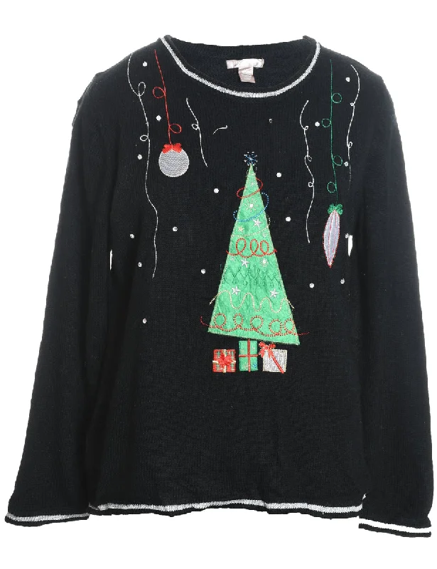 Winter JacketsBlack Christmas Tree Design Jumper - L