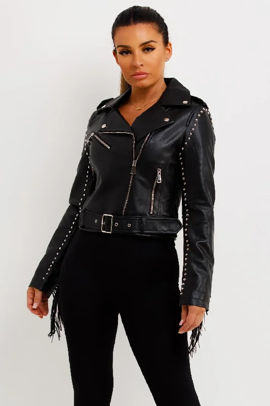 Field JacketsBlack Faux Leather Biker Jacket With Tassels And Stud Detail