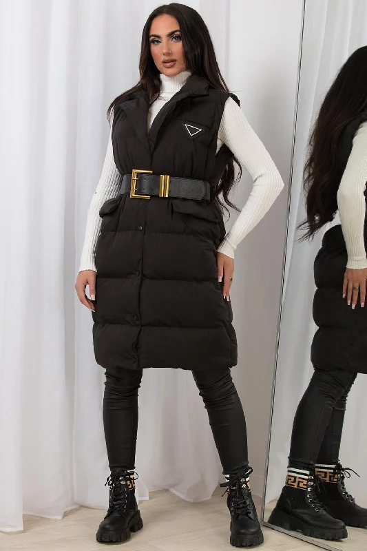 Luxury JacketsBlack Long Puffer Gilet With Lapel Collar & Belt