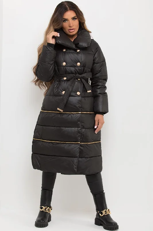 Black Longline Puffer Coat With Gold Buttons