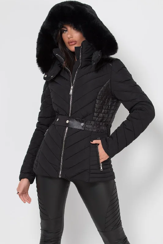 Summer JacketsBlack Puffer Quilted Jacket With Faux Fur Hood And Belt