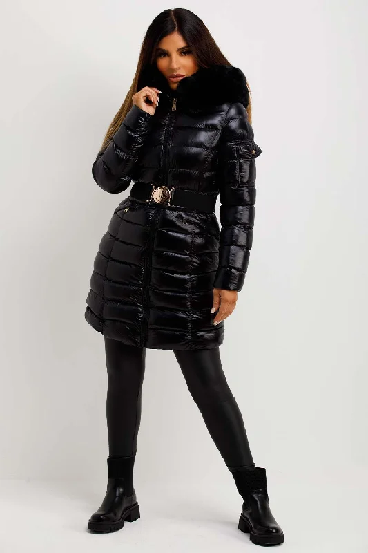 Cotton JacketsBlack Shiny Puffer Coat With Fur Hood