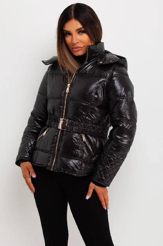 Artist JacketsBlack Shiny Puffer Jacket With Hood And Belt