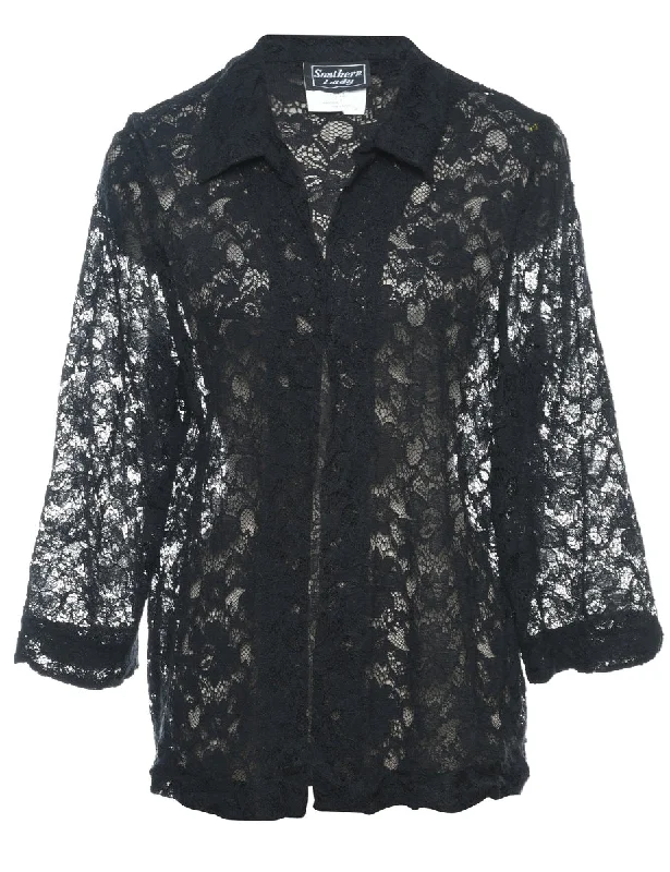 Varsity JacketsClassic Black Lace 1990s Sheer Blouse - L