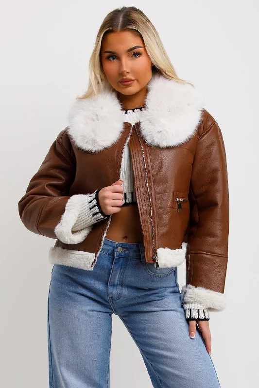 Beaded JacketsCrop Aviator Jacket With Fur Collar Brown