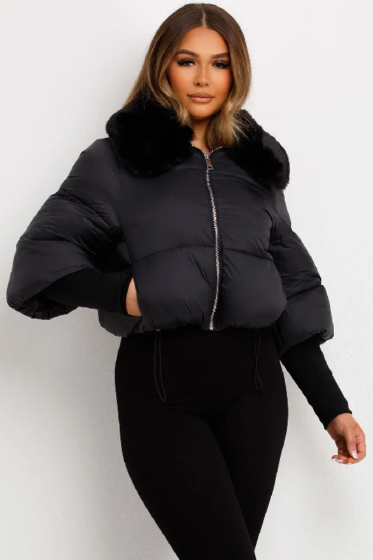 Faux Leather JacketsFaux Fur Collar Puffer Jacket Black