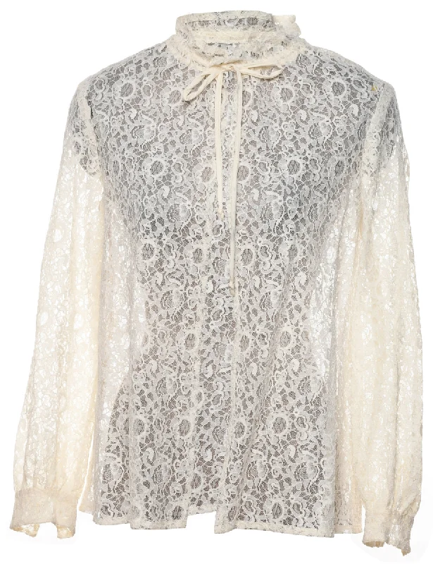 Fishing JacketsFloral Pattern Off-White Frilled Detail Lace Blouse - M