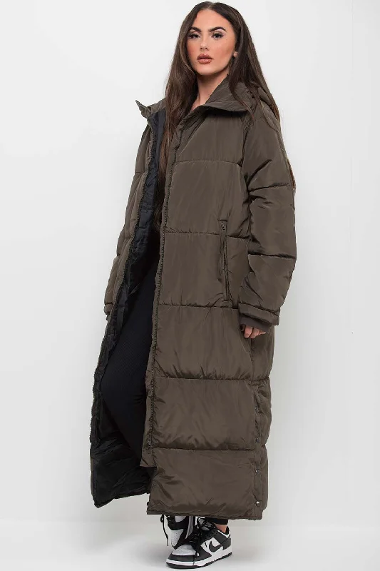 Skateboard JacketsKhaki Long Puffer Padded Coat With Hood