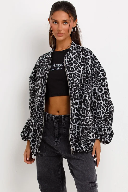 Asymmetrical JacketsLeopard Print Bomber Jacket Grey