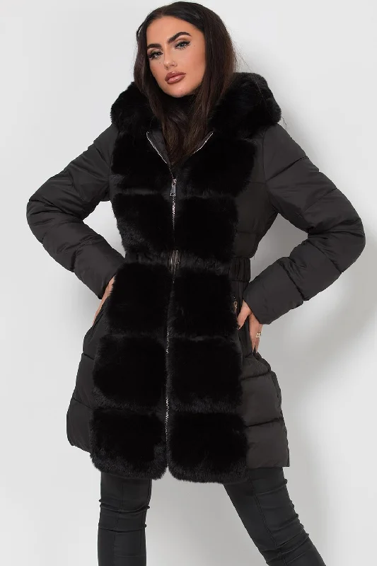 Cashmere JacketsLong Puffer Coat With Faux Fur Hood And Trim Black