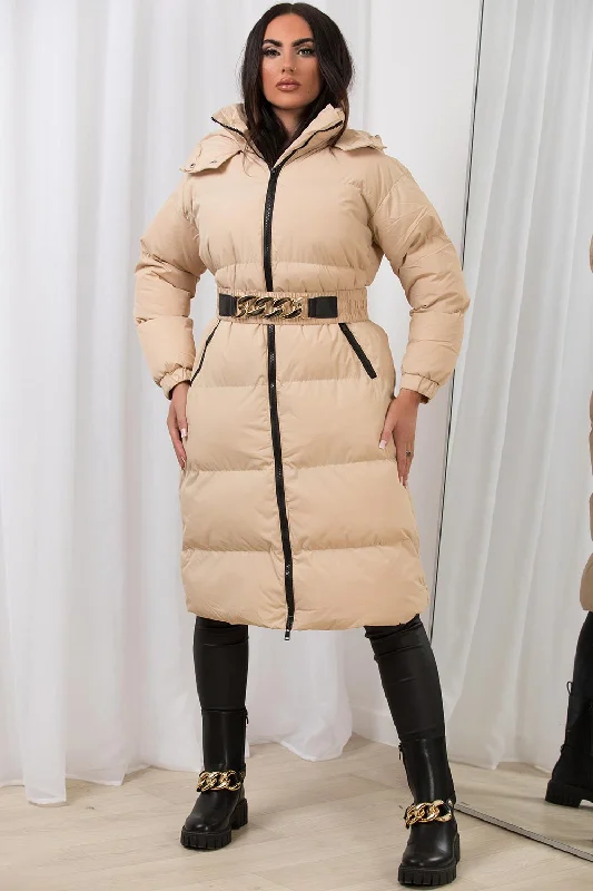 Motorcycle JacketsLong Puffer Padded Coat With Gold Chain Belt Beige