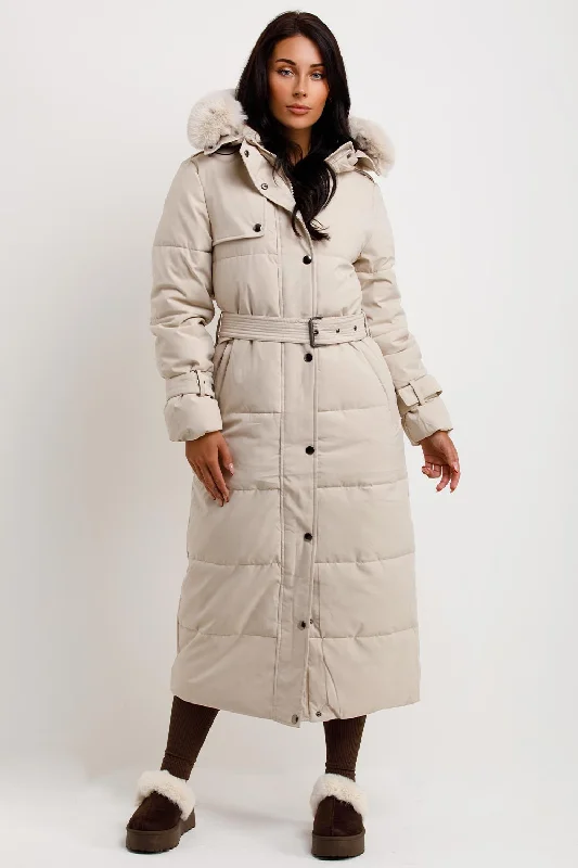 Ski JacketsLong Puffer Trench Coat With Belt And Faux Fur Hood Beige