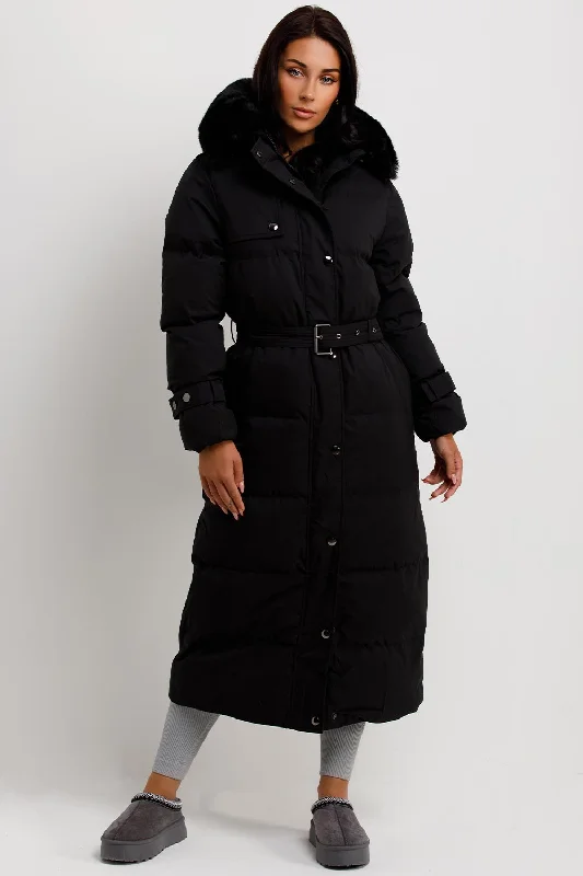 Military JacketsLong Puffer Trench Coat With Belt And Faux Fur Hood Black