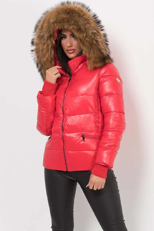 Puffer JacketsPuffer Jacket With Real Fur Hood Red