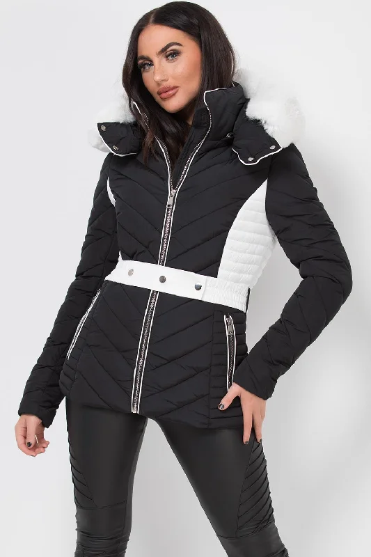 Formal JacketsPuffer Quilted Jacket With Faux Fur Hood Belted Black And White