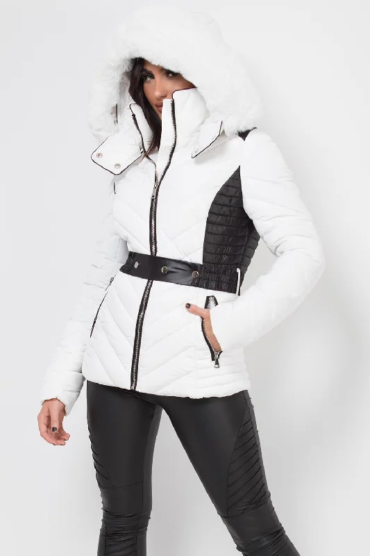 Layered JacketsPuffer Quilted Jacket With Faux Fur Hood Belted White