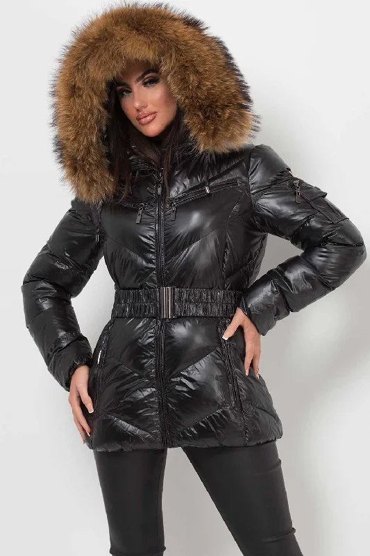 Retro JacketsReal Fur Hood Puffer Jacket With Belt Black