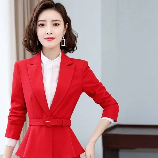 Ribbed Cuff JacketsRed Coat Winter Fashion OL Style Business Professional Suit for Women