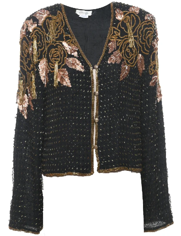 Cashmere JacketsSilk Beaded 1980s Black & Gold Evening Jacket - M