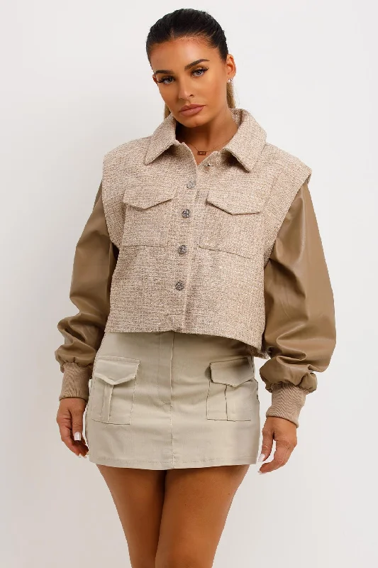 Varsity JacketsTweed Bomber Jacket With Faux Leather Sleeves Beige