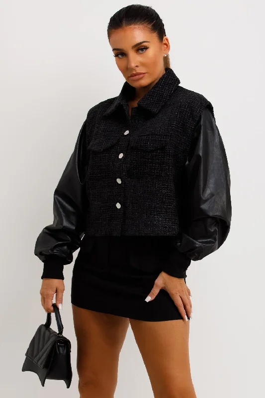 Quilted JacketsTweed Bomber Jacket With Faux Leather Sleeves Black