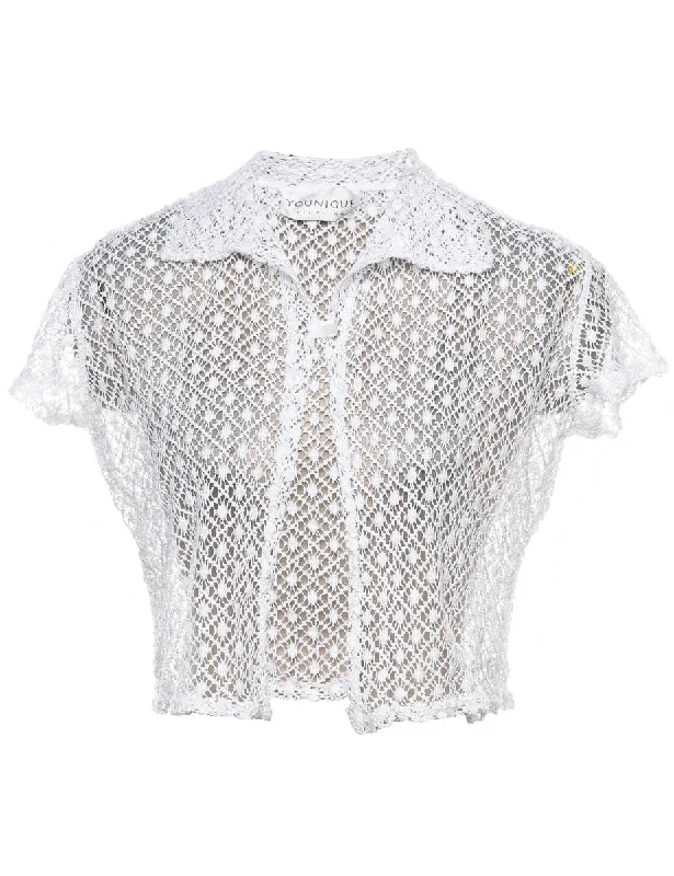 BlazersWhite Short-Sleeve Lace Sheer Y2K Blouse - M