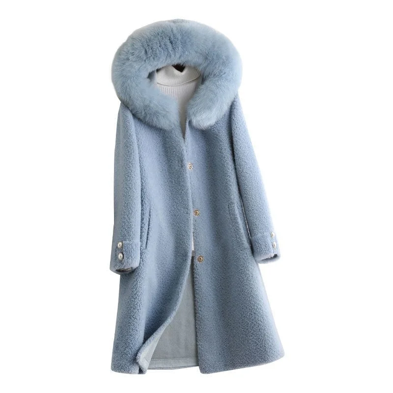 Hooded JacketsWinter Style Women's Hooded Shearling Fox Fur Collar Wool Jacket