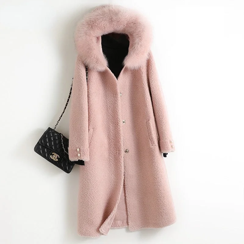 Sequined JacketsWomen's Fox Fur Hooded Wool Wide-waisted Elegant Long Sleeve Coats