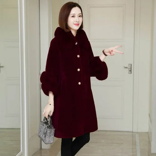 Puffer JacketsWomen's Mid-Length Fox Fur Collar Wool All-in-One Winter Coat