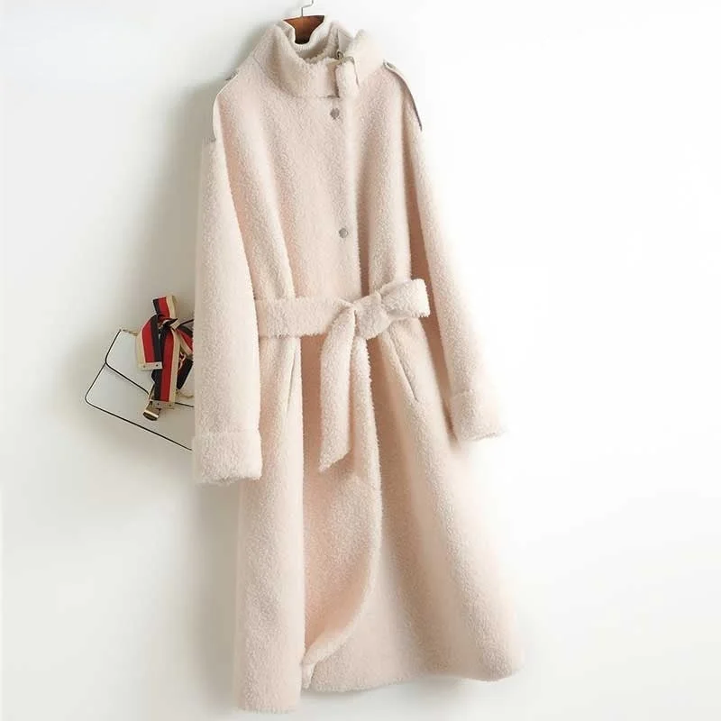 Zippered JacketsWomen's Real Fur Shearling Wool Korean Fashion Lace-up Long Jacket