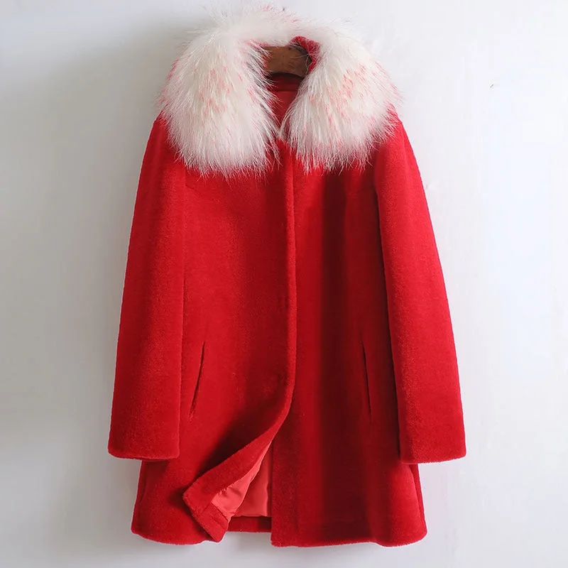 Painted JacketsWomen's Winter Korean Fashion Raccoon Fur Mid-length Woolen Coats