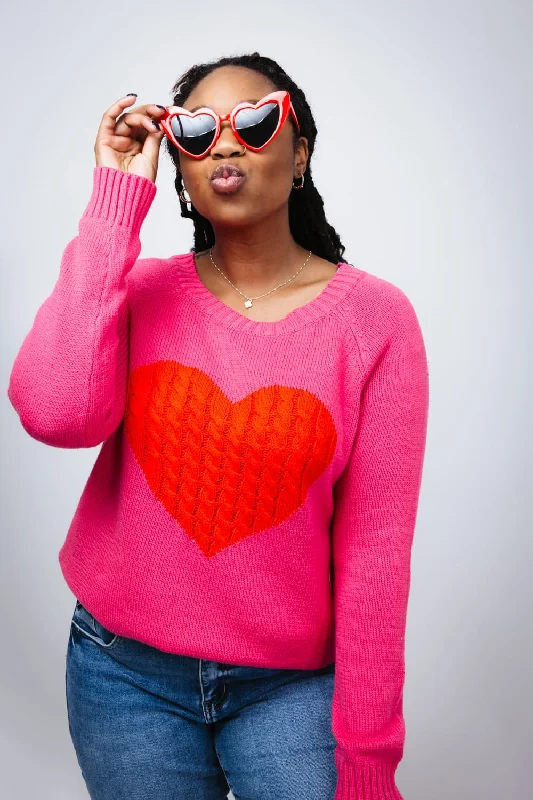 Miracle Textured Heart Sweater for Women in Hot Pink and Red | M9147-HPINKREDLounge Knit Tops