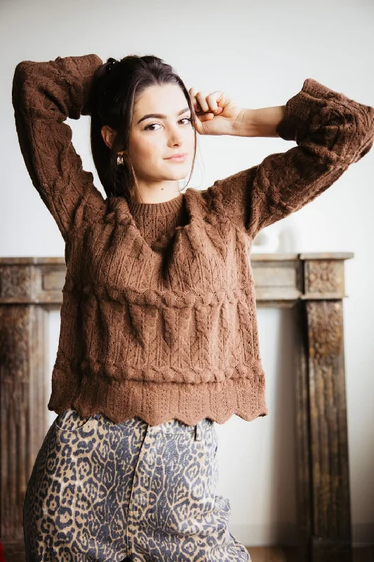 Scallop Edged Sweater for Women in Brown | MAS2875-BROWNYoga Knit Tops