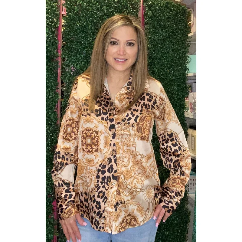 Tunic ShirtsBeige Baroque Print Long Sleeve Button Down Shirt