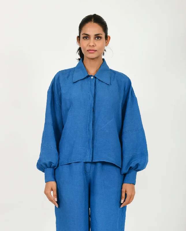 Ruffled ShirtsClassic Blue Linen Bell Shirt