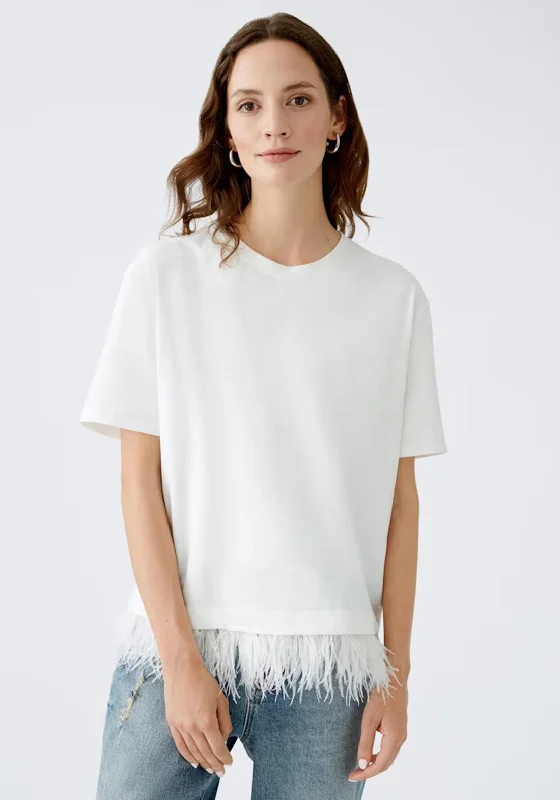 Recycled Fabric ShirtsOui Feather Hem T Shirt, White